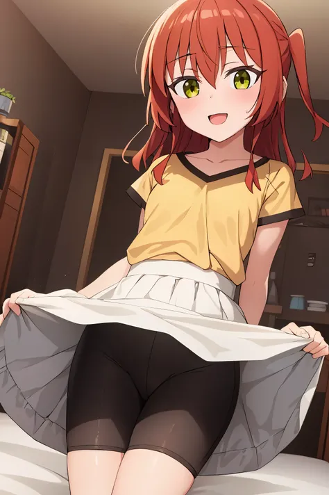 1 girl, best quality, ultra high res, long hair, red hair, green eyes, looking at viewers, small breast, standing, pov, slim body, loli body, small body, smile, open mouth, yellow shirt, short sleeves, bike shorts, bedroom, white bed sheets,