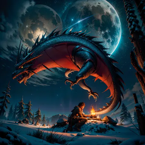 totem shootingstar the dragon sleeps in the forest, curled up in a kolachik,lying on its belly, the head lies on the snow nebula...