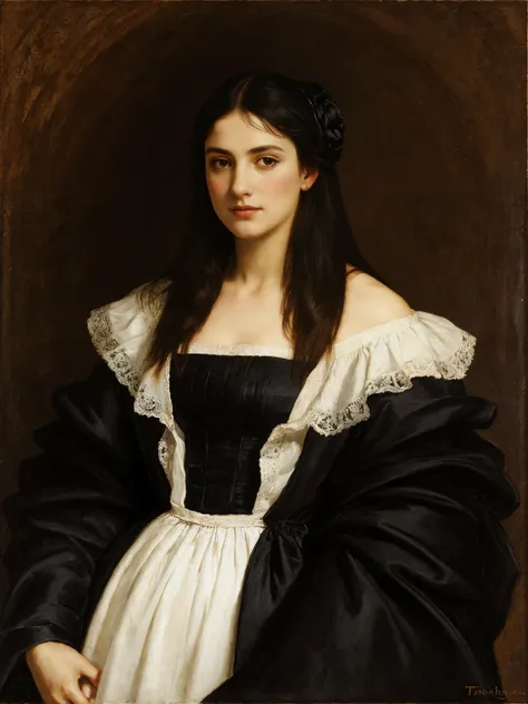 Art by Titian, girl, black hair, proud in her eyes, robe covering her dress, noble, noblewoman, mature