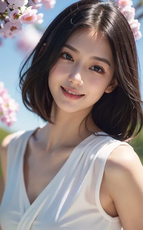 upper body shot、Front view、young beautiful japanese woman、gentle features、super cute face、glossy lips、double eyelids in both eyes、natural makeup, A smile that makes me cry, long eyelashes are bright, short bob and light brown hair、hair swaying in the wind,...