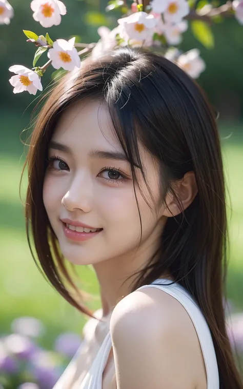 upper body shot、Front view、young beautiful japanese woman、gentle features、super cute face、glossy lips、double eyelids in both eyes、natural makeup, A smile that makes me cry, long eyelashes are bright, short bob and light brown hair、hair swaying in the wind,...