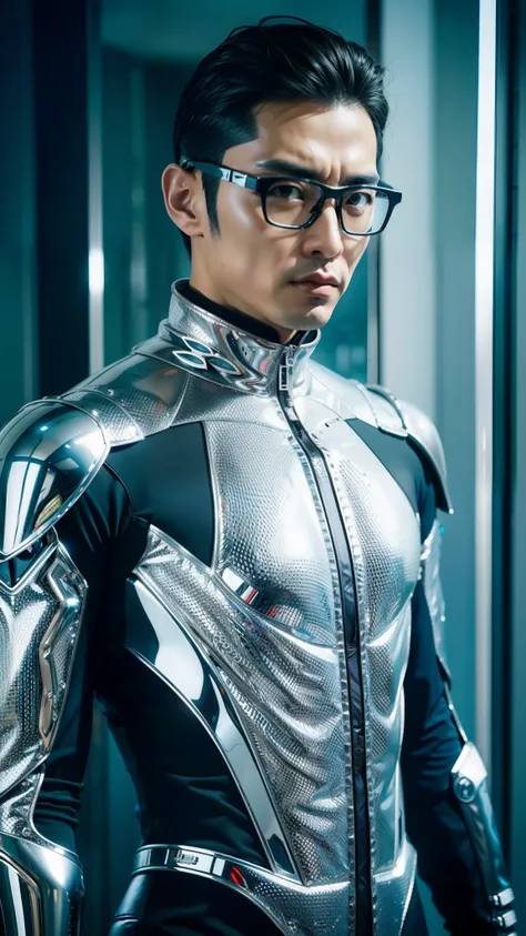 a close up of an asian man in a silver suit with glasses on, futuristic clothing, futuristic cyber clothing, futuristic clothes, futuristic tech wear, cybersuits, wearing futuristic clothing, futuristic fashion clothing, futuristic sci-fi fashion, science ...