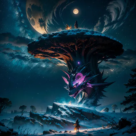 Totem ShootingStar The dragon sleeps in the forest, curled up in a kolachik,lying on its belly, The head lies on the snow nebulae hyper Nebula Moonrise epic moonset panoramic moonshine "Wood Dragon Totem" Unrealengine5 ultra masterpiece meticulously intric...