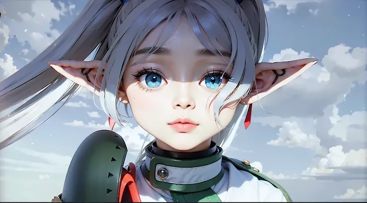 wooden cane holding：1.1、small eyes：1.5、green eyes：1.3、The moon is the background、moonlight、silver eyebrows：1.3、elf costume、high elf：1.2、elf ears、beautiful ears、beautiful eyes、silver hair：1.2、short eyebrows、twin tails、red earrings：1.1、detailed hair、23 years...