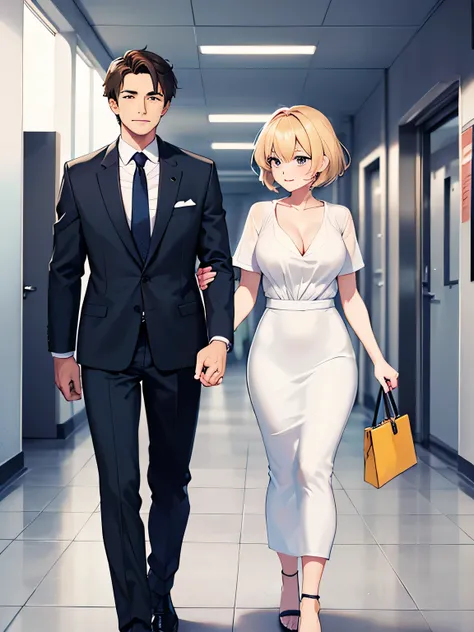 1,A male and female couple walking hand in hand.
2,That woman is the president of the company, her face is adult、wearing sexy clothes。, gorgeous suit.
3,The man is a new employee&#39;s secretary., shaggy hair and childish face, pulled by a woman.
4,The loc...