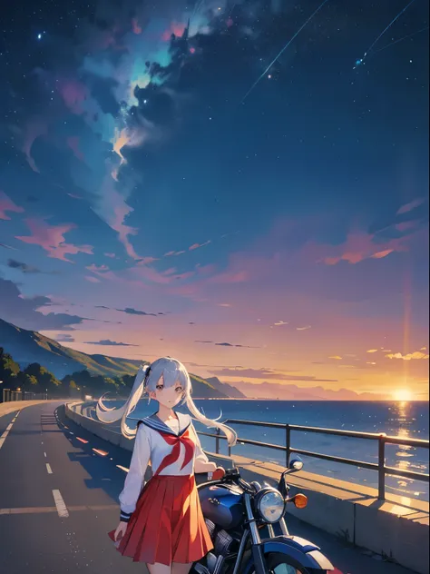 Seaside road, girl, sailor suit, summer vacation, watermelons, motorcycle,(long silver twintails)、master piece、High quality、Scenic spots、evening、starry sky