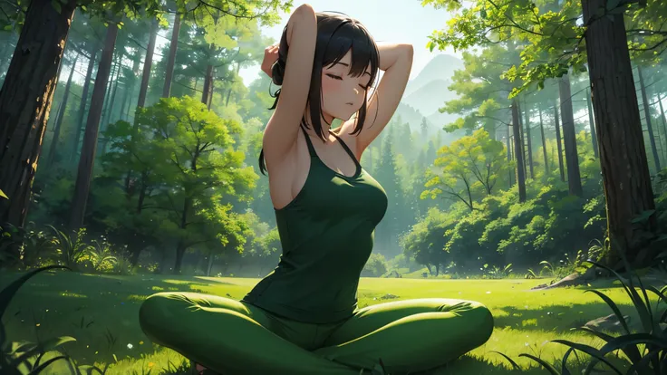 Girl sit in yoga pose green landscape at night closing her eyes feel the nature of ambient to reset her mind go deep inside her soul to communicate with alpha wave
