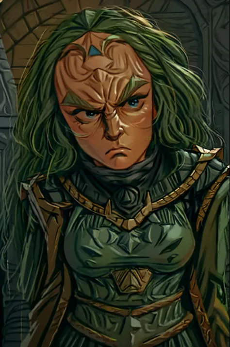 fullbody fullframe  princess zelda  klingon forehead ridge thick eyebrows dark skin stash armour grumpy expressive emotions