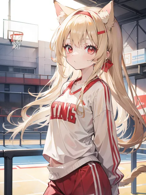 1 girl，little girl，Long beige hair，red eyes，Cat ear headband，sportswear，basketball playground，sunny