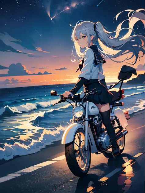 road by the sea,small and cute girl, movie riding, summer vacation, Neon color, motorcycle,(long silver twin tails、master piece、high quality、Scenic spots、evening、starry sky、Incandescent effect、Magical girl