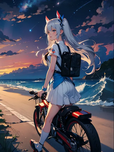 road by the sea,small and cute girl, movie riding, summer vacation, Neon color, motorcycle,(long silver twin tails、master piece、high quality、Scenic spots、evening、starry sky、Incandescent effect、Magical girl