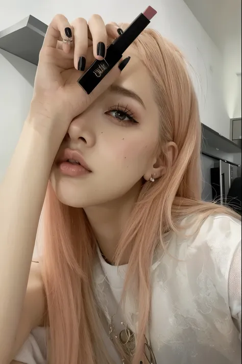 Arafed woman with long pink hair holding a black mascara, parque roseanne de blackpink, jossi de blackpink, portrait of jossi de blackpink, maquillaje popular de corea del sur, jennie rosa negro, cl, maquillaje coreano popular, Lalisa Manoban de Blackpink,...