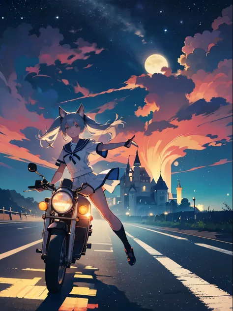 road by the sea,small and cute girl, sailor suit, summer vacation, Neon color, motorcycle,(long silver twin tails)master piece、high quality、Scenic spots、evening、starry sky、Incandescent effect、movie riding、Magical girl、Furry ears