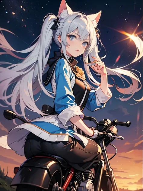 road by the sea,small and cute girl, glaring, summer vacation, Neon color, motorcycle,(long silver twin tails)master piece、high quality、Scenic spots、evening、starry sky、Incandescent effect、movie riding、Magical girl、Furry ears