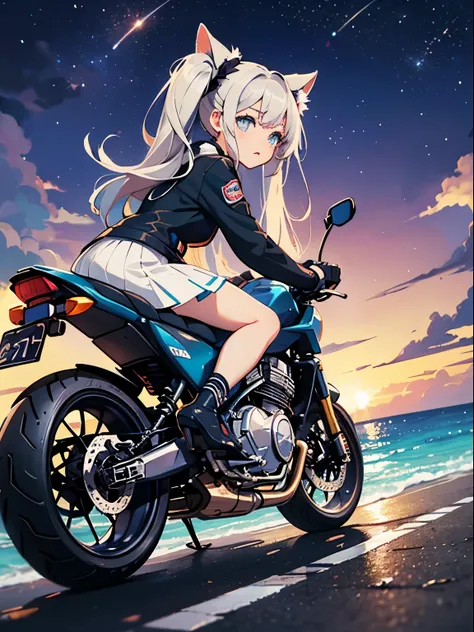 road by the sea,small and cute girl, glaring, summer vacation, Neon color, motorcycle,(long silver twin tails)master piece、high quality、Scenic spots、evening、starry sky、Incandescent effect、movie riding、Magical girl、Furry ears