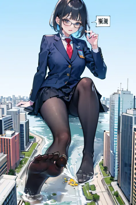 giantess art, surreal high school girl, 非常に詳細なGiantショット, Giant, short hair, black pantyhose, A gigantic high school girl that&#39;s much bigger than a skyscraper, wearing rimless glasses, big breasts, Navy blue blazer, Red tie, mini length skirt, black pan...