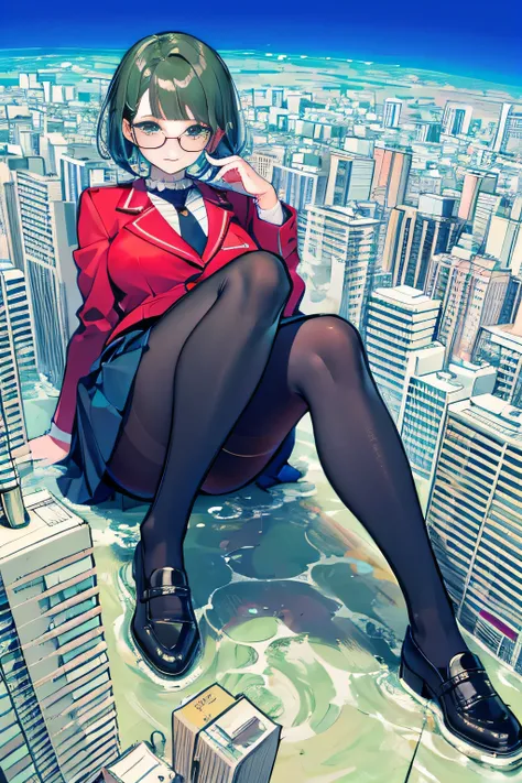 giantess art, surreal high school girl, 非常に詳細なGiantショット, Giant, short hair, black pantyhose, A gigantic high school girl that&#39;s much bigger than a skyscraper, wearing rimless glasses, big breasts, Navy blue blazer, Red tie, mini length skirt, black pan...