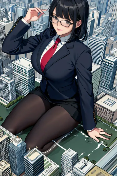 giantess art, surreal high school girl, 非常に詳細なgiantショット, giant, short hair, black pantyhose, a gigantic high school girl that&#3...