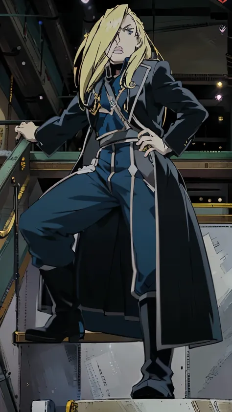 anime character in blue coat standing on stairs with sword, hijikata toushirou of gintama, masamune shiro, boromir in an anime w...