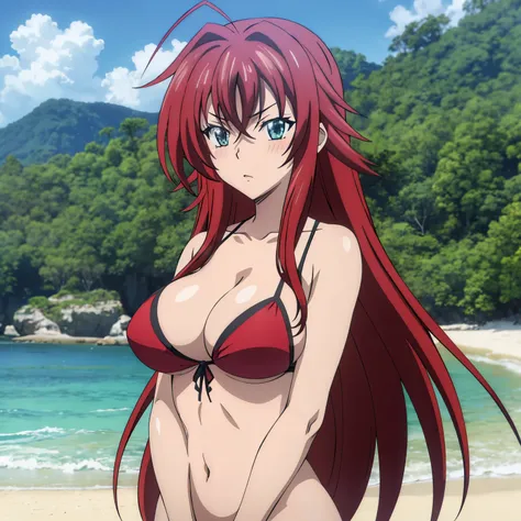 rias gremory, bikini, at beach, boobs, upper body, blushed, nsfw