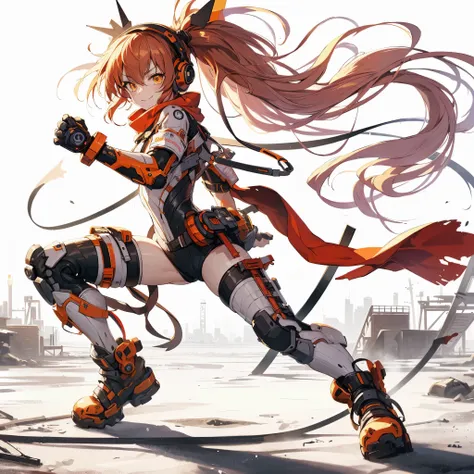 (Masterpiece, Top Quality), (Perfect Athlete Body: 1.2), (Detailed Hair), Ultra-Detailed, Anime Style, Full Length, anime style, full body, solo, cyberpunk fighter girl, cyberpunk battle bodysuits and red scarf, orange ponytail hair and yellow eye, high-te...