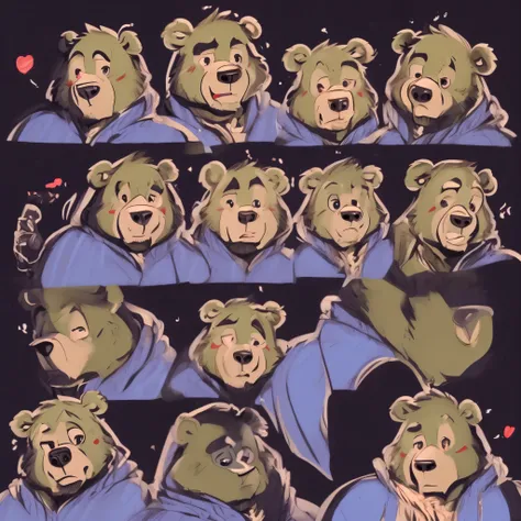 furry avatar, anthro bear, green bear, jinpei, avatar，emoji pack，Little devil，(9 emojis，emoji sheet，Align arrangement)，9 poses and expressions（Grieving，astonishment，having fun，excitement，big laughter，angry，doubt，Touch your head，Sell moe, wait），Anthropomorp...