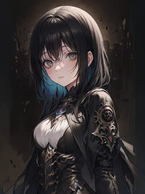 (masterpiece,best quality,ultra-detailed),1girl,pale skin,black hair,messy hair, thick hair,black clothes,dark ambient,((monster...