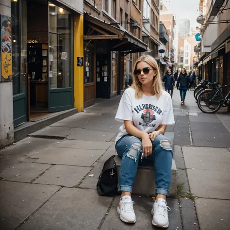 Create a Slice-of-Life Urban Exploration: Model: - Appearance: Bright blonde, 22 years old,big ass,medium boobs reflecting a modern and urban style. Outfit: - Contemporary streetwear with a touch of individuality—think ripped jeans, a graphic tee, and styl...