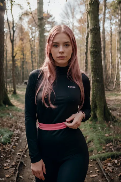 portrait picture, pink hair, long hair, beautiful woman, mole under lip, freckles on face,black tight-fitting sportswear, standing in woods, canon ouverture 1.8 objectif 35mm, bright eyes, serious facial expression, mole above upper lip, full lip