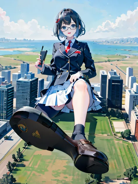 giantess art, surreal high school girl, 非常に詳細なGiantショット, Giant, short hair, A gigantic high school girl that&#39;s much bigger than a skyscraper, wearing rimless glasses, big breasts, big butt, Navy blue blazer, Red tie, mini length skirt, black pantyhose,...