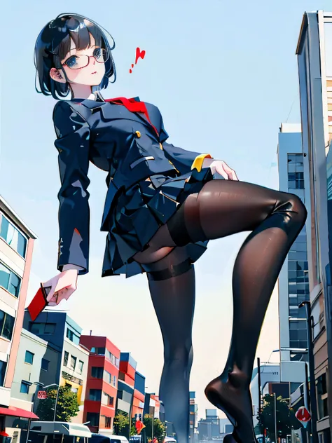 giantess art, surreal high school girl, 非常に詳細なGiantショット, Giant, short hair, A gigantic high school girl that&#39;s much bigger than a skyscraper, wearing rimless glasses, big breasts, big butt, Navy blue blazer, Red tie, mini length skirt, black pantyhose,...