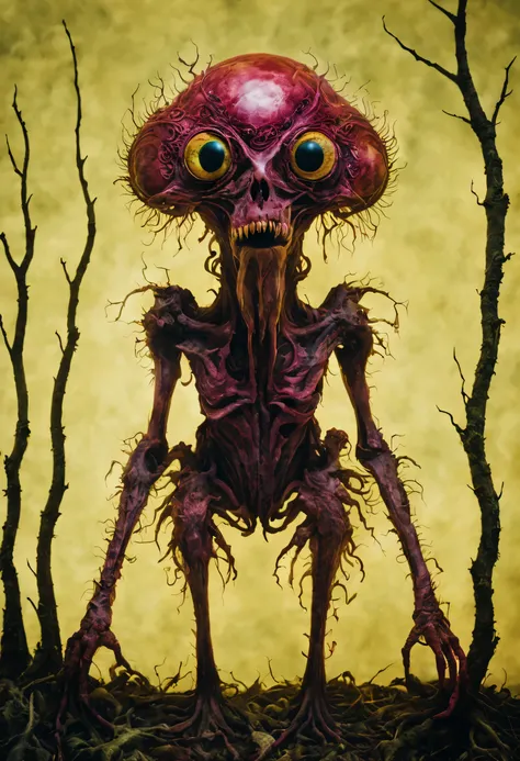 A subtly sinister creature, its form a grotesque amalgamation of distorted limbs and elongated appendages, is captured in a vividly surreal analog pop color photograph. Every grotesque detail is sharply rendered, highlighting the creatures unnerving presen...