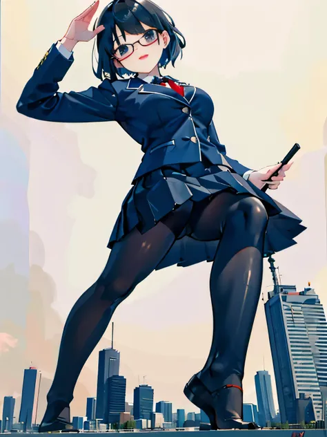 giantess art, surreal high school girl, 非常に詳細なGiantショット, Giant, short hair, A gigantic high school girl that&#39;s much bigger than a skyscraper, wearing rimless glasses, big breasts, big butt, Navy blue blazer, Red tie, mini length skirt, black pantyhose,...