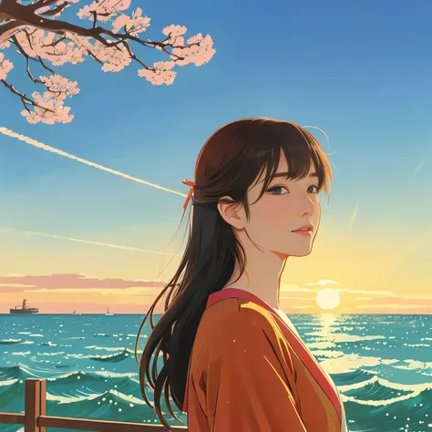 Illustration style、Ukiyo-e、Showa Anime、Woman facing this way、Japanese、The morning sun is shining in the background、Shinkai Makoto style、The season is winter、I can see the sea in the distance