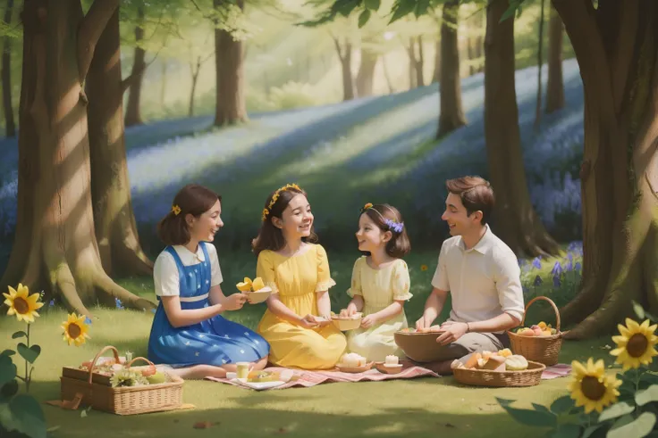 Afternoon Picnic in Bluebell Woods: Picture a family of three, parents in their thirties and a seven-year-old with a sunflower-yellow dress, having a picnic in a bluebell-filled forest. The dappled sunlight creates a magical atmosphere, with the family sur...