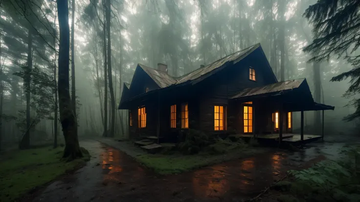 old house in the forest, rain, dark, inspired stefan koidl, bussiere rutkowski andreas rocha, by maxim verehin, inspired by maxim verehin, inspired by Tomasz Jedruszek, dark cinematic concept art, eerie nostalgic concept art, inspired by Igor Kieryluk, ins...