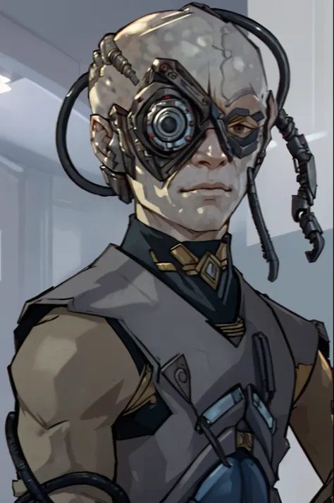 borg
cyborg
bald
gray skin
veins
metal armor
cable
eyepatch