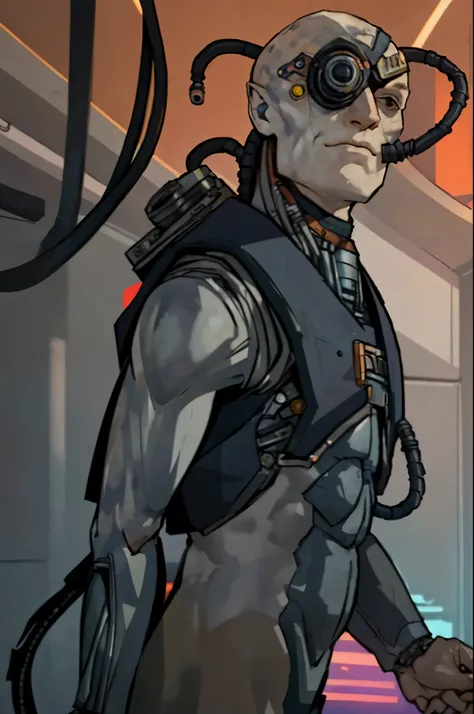 borg
cyborg
bald
gray skin
veins
metal armor
cable
eyepatch