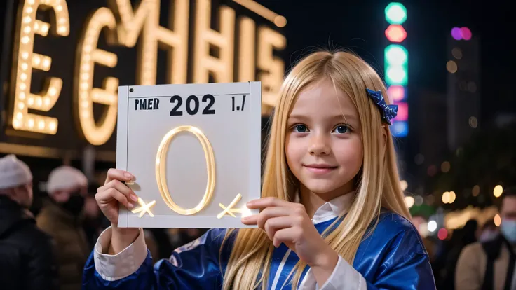 KIDS BLONDE holding a lighted sign that says 202, photo from 2022, 2 0 2 4, 2024, year 2447, circa the year 2994, 2 0 2 2 photo, 2049, 2045, 2 4 years old, new years eve