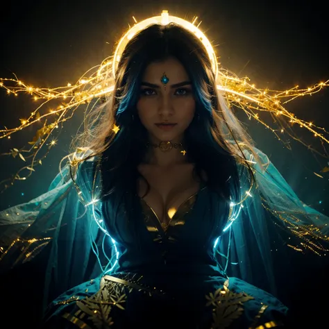 Beautiful goddess with gold and blue blaze lights around