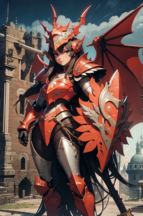 (detailed illustrations,Very detailed and precise drawing,Delicate drawn lines with tempo,Realistic texture expression),[color traced main line],(Fantasy World Battlefield Background [burning castle]),((ROBOT GIRL) (red knight [[corinthian helmet]streamlin...