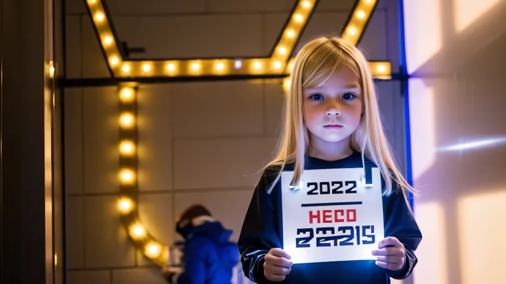 KIDS BLONDE holding a lighted sign that says 202, photo from 2022, 2 0 2 4, 2024, year 2447, circa the year 2994, 2 0 2 2 photo, 2049, 2045, 2 4 years old, new years eve