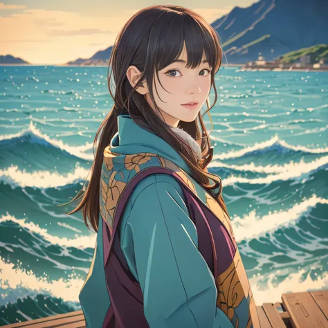 (highest quality,4K,8K,High resolution,masterpiece:1.2),super detailed,realistic:1.37,illustration style,ukiyo-e,Showa anime,woman facing the viewer,Japanese,Background of shining morning sun,New Makoto Shinkai style,winter season,distant sea view