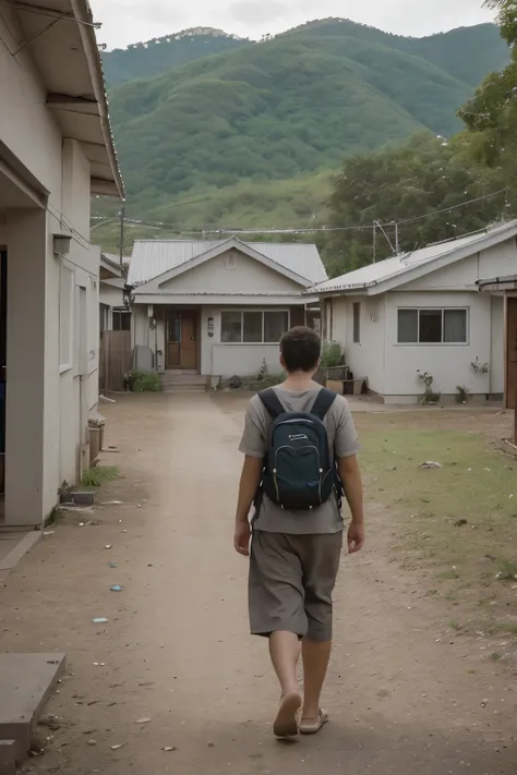 Generate an image of a missionary-style man, walking towards a single small house that is "very far away", a low house with only one floor, no attic and no other house nearby. A photography style image, photo realistic.