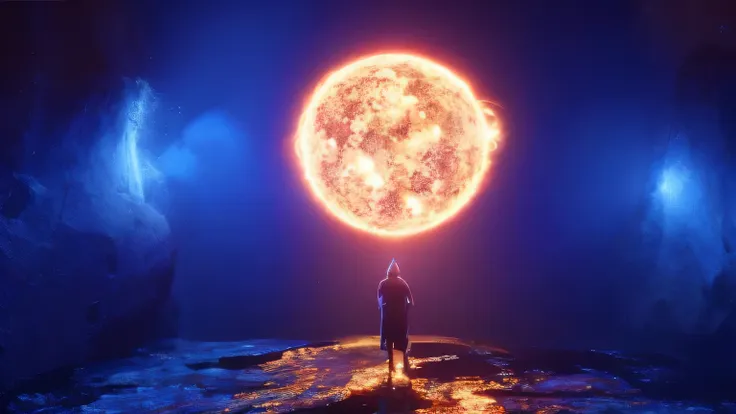 um homem parado na frente de um sol gigante em um quarto escuro, unreal solar flare engine, efeitos visuais impressionantes, bip...