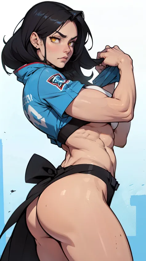 muscular girl large breast thick thighs black hair yellow eyes pale sad