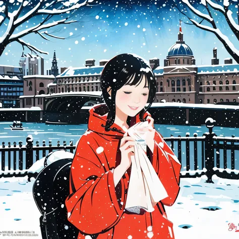 Illustration style、Showa Anime、ukiyoe painting、Woman、(Snow)、((Sensitive))、in love、London