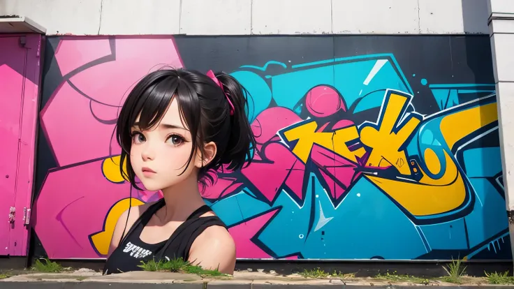 ((best quality)), ( high detail), (1girl), beautiful graffiti artist, (vivid color), spray painting a wall, HDR, 4k, 3D