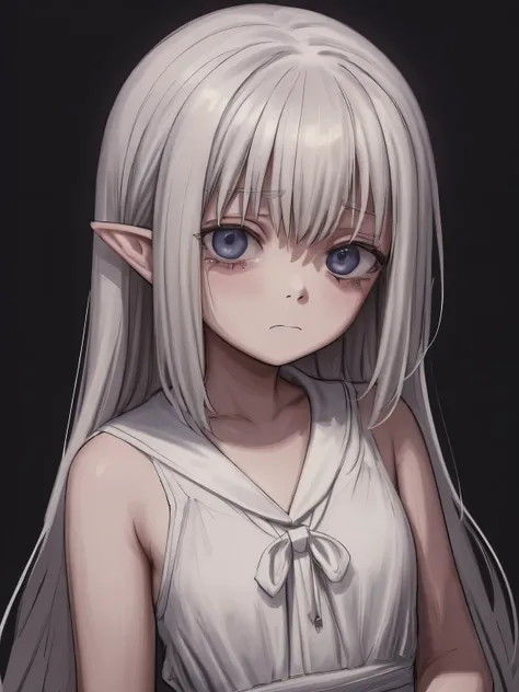 (masterpiece,best quality,ultra-detailed),1girl,beautiful and detailed face, detailed eyes,looking at viewer,delicate:1.2,((grey theme),((depression, sadness, melancholy)),pointy ears,pale skin,tired expression,sad,swollen eyelids,(loli),in a dark cave