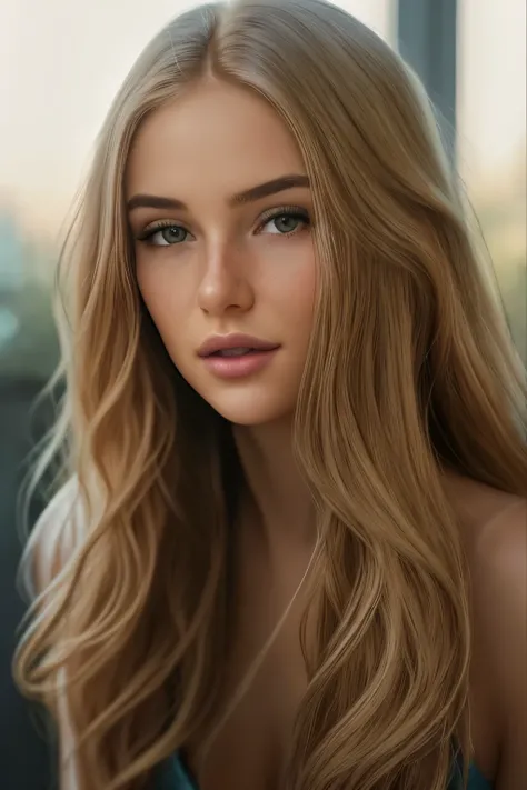 a close up of a woman with long blonde hair and a white top, retouched in photoshop, soft portrait shot 8 k, highly detailed vfx...